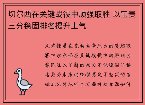 切尔西在关键战役中顽强取胜 以宝贵三分稳固排名提升士气