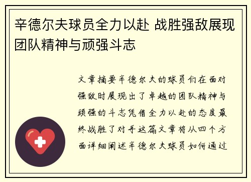 辛德尔夫球员全力以赴 战胜强敌展现团队精神与顽强斗志