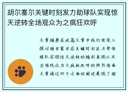 胡尔塞尔关键时刻发力助球队实现惊天逆转全场观众为之疯狂欢呼