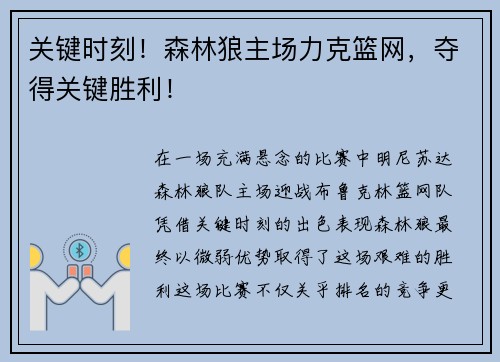 关键时刻！森林狼主场力克篮网，夺得关键胜利！