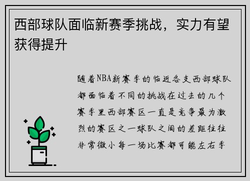 西部球队面临新赛季挑战，实力有望获得提升
