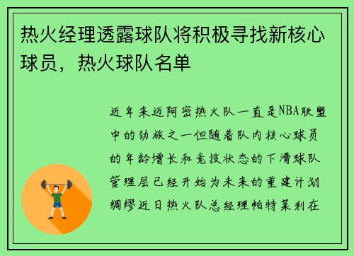 热火经理透露球队将积极寻找新核心球员，热火球队名单