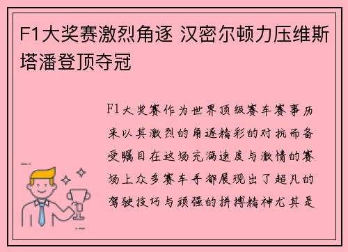 F1大奖赛激烈角逐 汉密尔顿力压维斯塔潘登顶夺冠